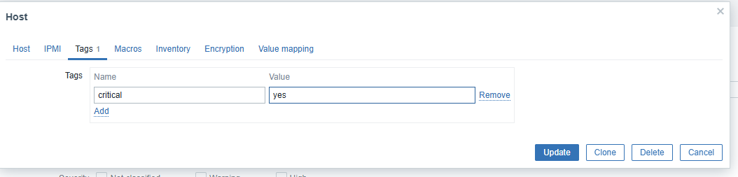 Host Tags tab with Name set to critical and Value set to yes