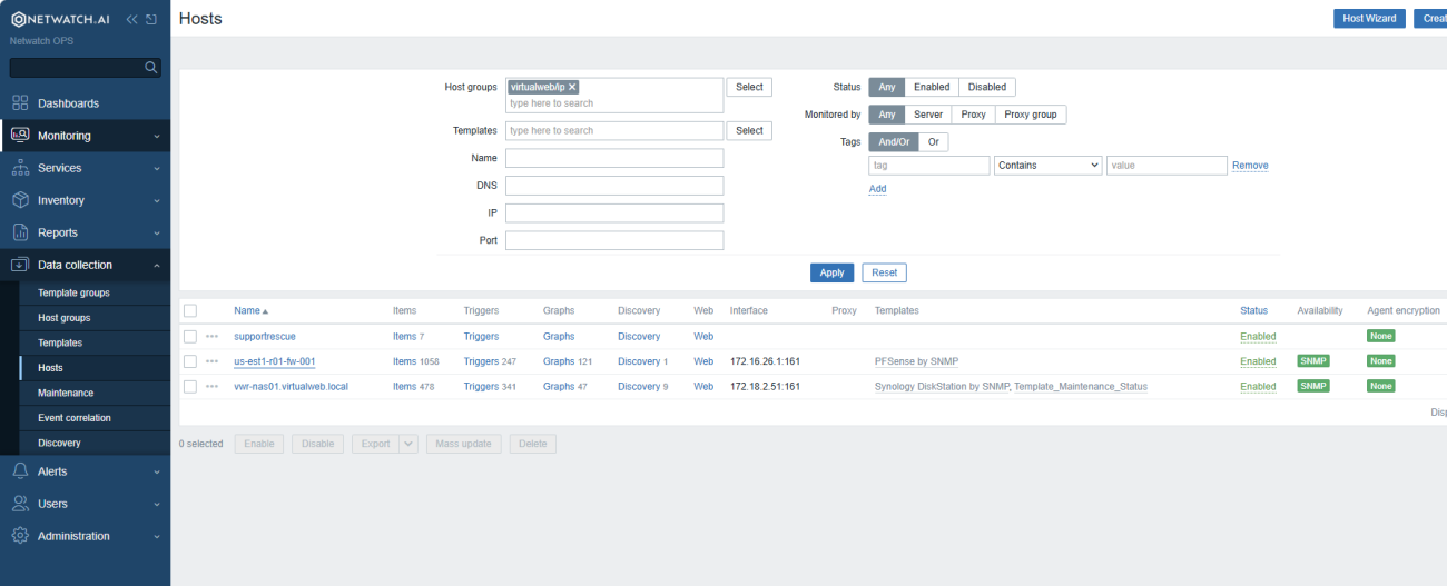 Monitoring > Host list showing hosts to tag