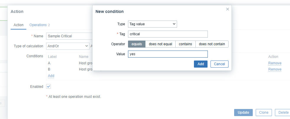 New condition dialog with Tag value set to critical equals yes