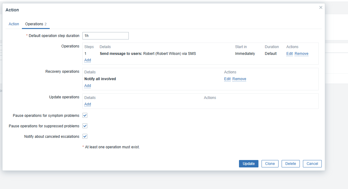Operations tab showing notification steps and media type