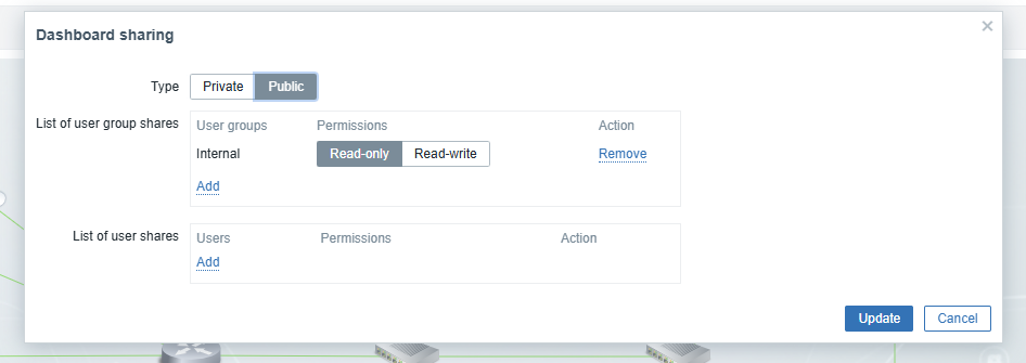 Dashboard sharing settings