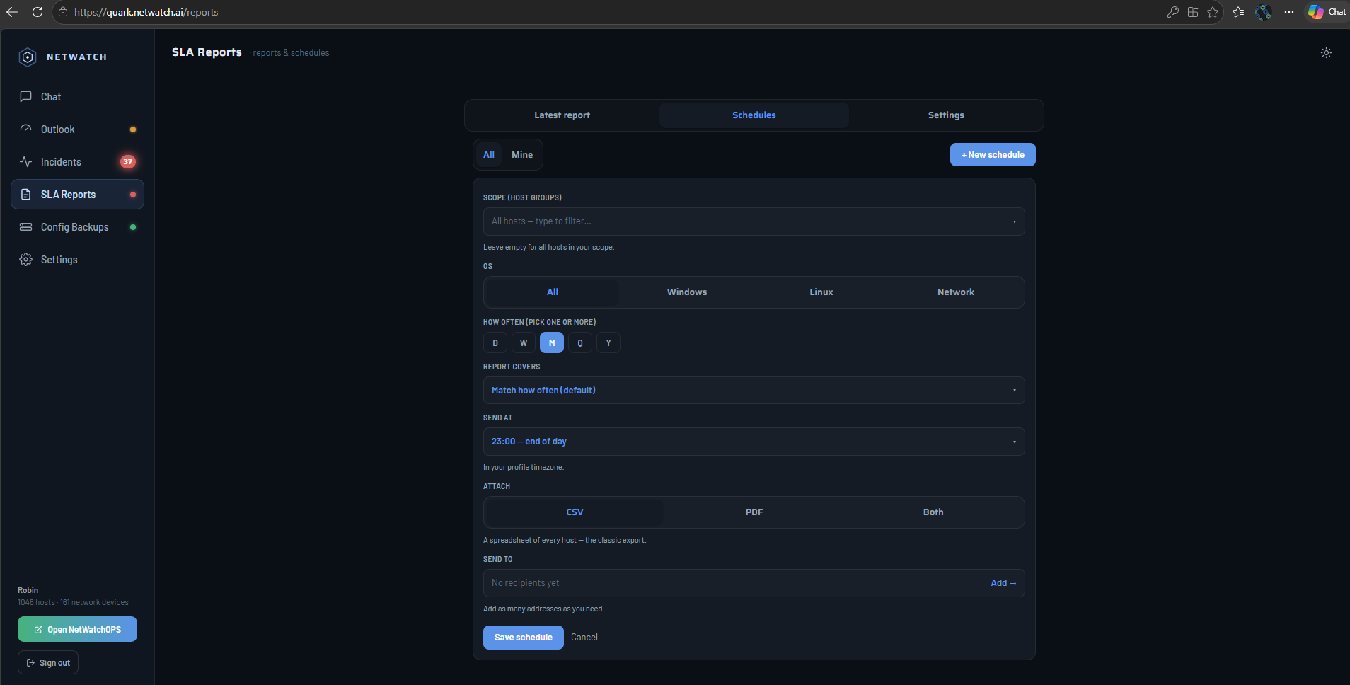 New schedule form with scope, frequency, and delivery options