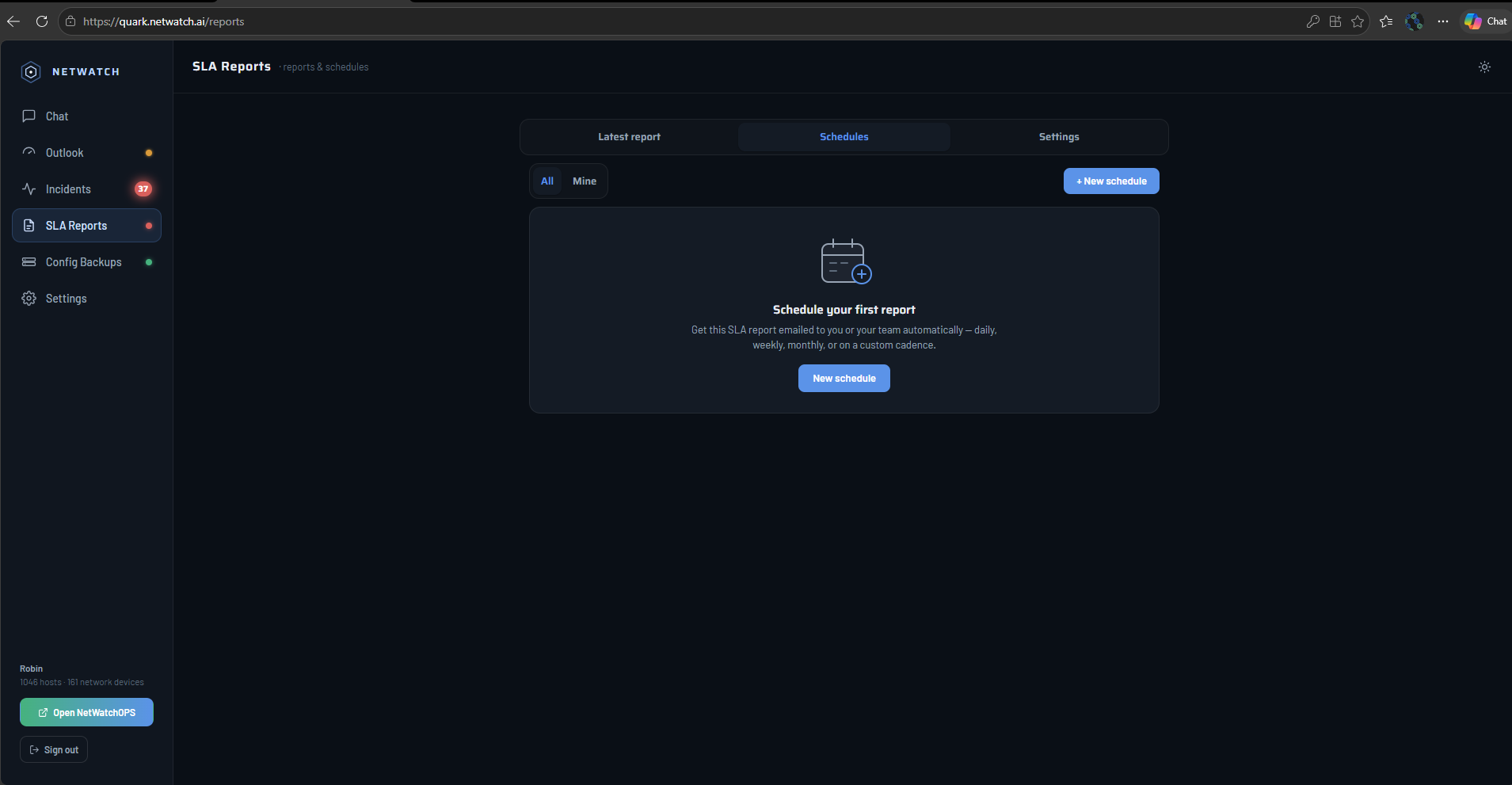 Schedules tab with no schedules configured yet