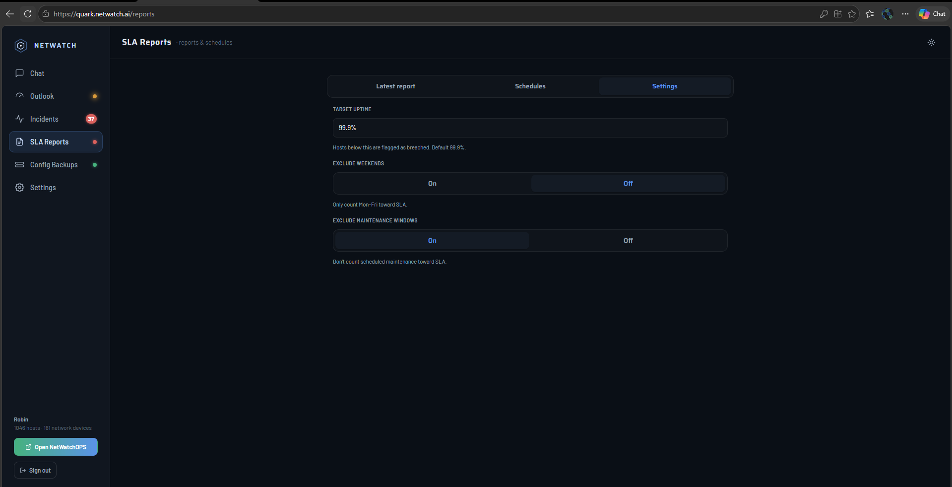 SLA settings tab with target uptime and exclusion toggles