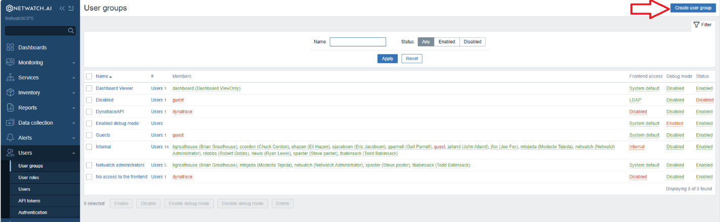 User groups list