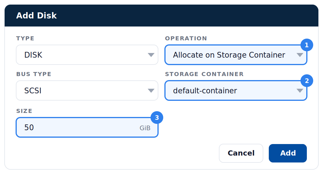 Add Disk - Allocate on Storage Container (data disk)